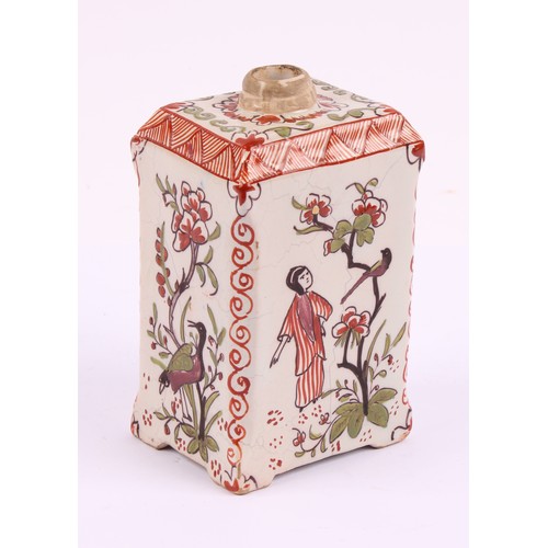 1010 - A Dutch Delft polychrome tea canister, in the chinoiserie taste, decorated with figures beside a flo... 