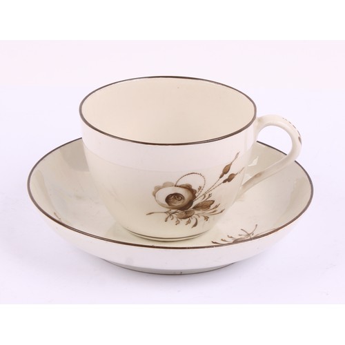 A Pinxton bute shaped teacup and saucer, painted in sepia with roses ...