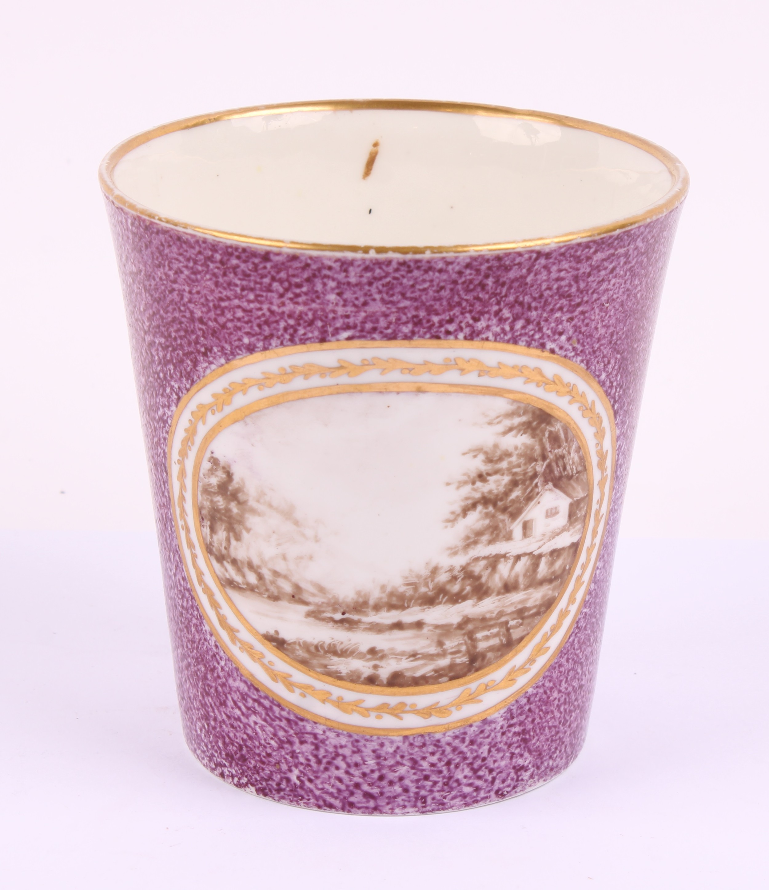 A Pinxton porcelain beaker, painted in sepia with rural cottage scenes ...