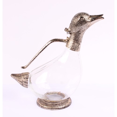 56 - An early 20th century glass and silver plate mounted claret jug, as a goose, in the style of Alexand... 