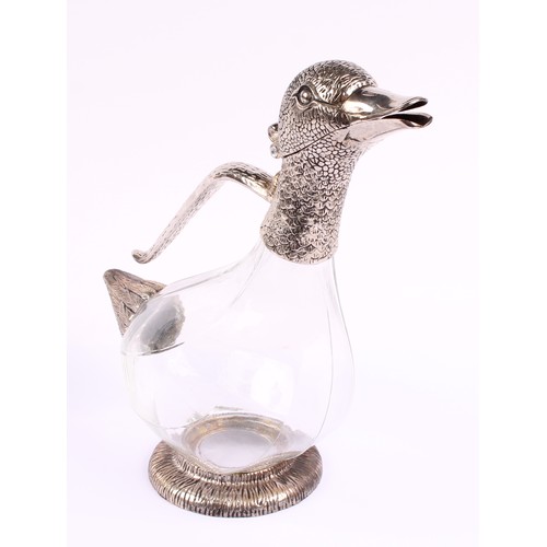 56 - An early 20th century glass and silver plate mounted claret jug, as a goose, in the style of Alexand... 