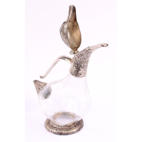 56 - An early 20th century glass and silver plate mounted claret jug, as a goose, in the style of Alexand... 