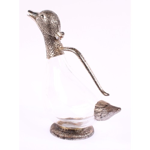 56 - An early 20th century glass and silver plate mounted claret jug, as a goose, in the style of Alexand... 