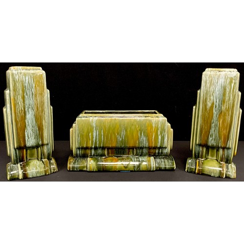 27 - A pair of tall Art Deco rectangular vases, and a matching rectangular planter, all with mottled gree... 
