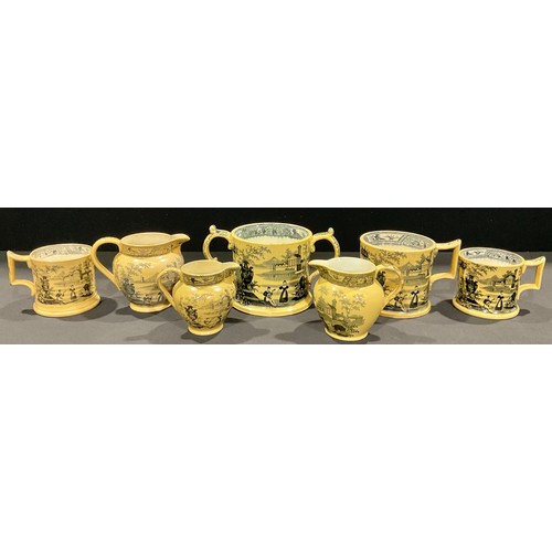 5038 - An early 19th century Joseph Thompson, Hartshorne Pottery monochrome two handled loving cup, transfe... 