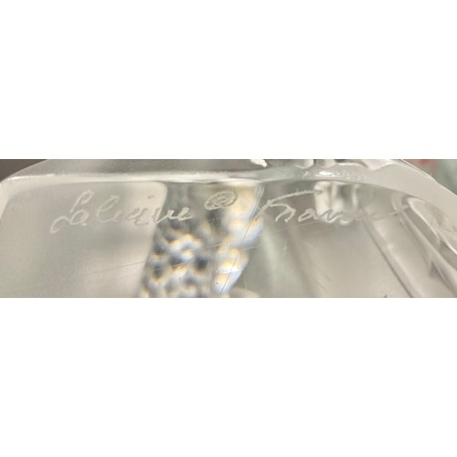 5041 - A Lalique frosted glass model, of two parakeets, the two birds perched on a stylised stump, engraved... 
