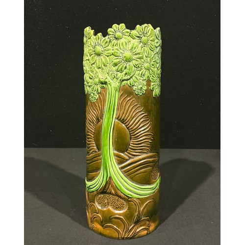 5050 - An Ault Pottery cylindrical vase, after a design by Christopher Dresser (1834 - 1904) moulded in rel... 