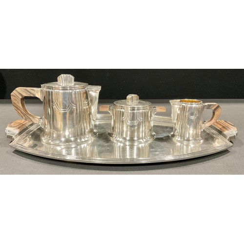 5066 - A French Art Deco silver plated three piece tea setting with conforming tray c.1930