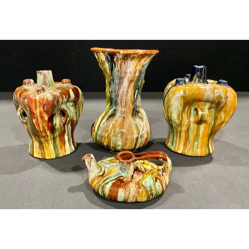 5068 - A Bretby Pottery triform bulb vase, after a design by Christopher Dresser (1834 - 1904) three lug ha... 