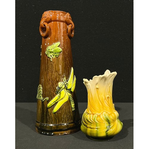 5104 - A Bretby Pottery tapering cylindrical vase, moulded and decorated as a wooden keg, three loop handle... 