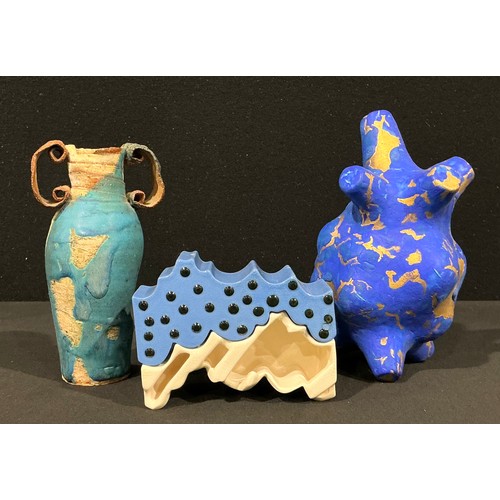 5109 - Studio Pottery - a two-handled vase, by John Kershaw, in tones of blue and brown, 18.5cm high; an or... 