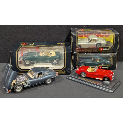 5579 - Five Burago diecast motor vehicle models including a Jaguar “E” cabriolet (1961), boxed; other Jagua... 