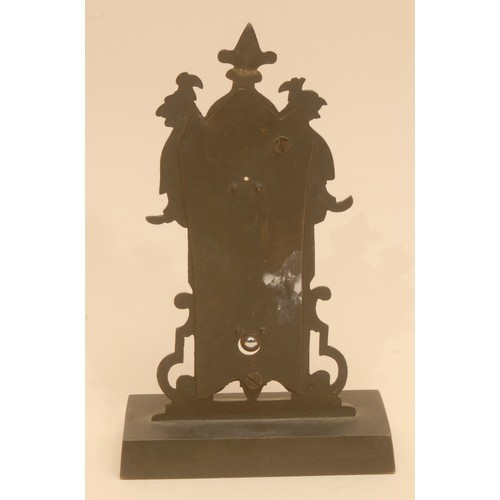 5587 - A 19th century Gothic Revival bronze desk thermometer, cast with scrolls and grotesque masks, rectan... 