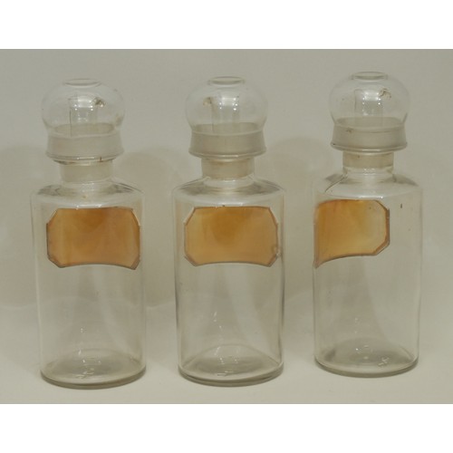 5588 - A 19th century clear glass apothecary oil jar and cover, gilt border label, Ol. Ricini, 26cm high ov... 