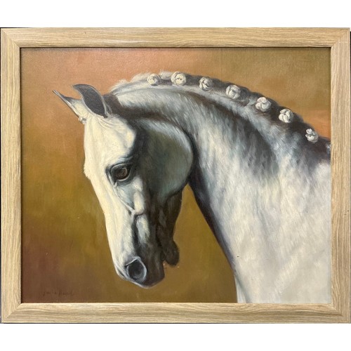 1 - Jacob Hunt (b. 1958) 
Portrait study of a Dapple Grey Horse 
signed, oil on board, 50cm x 60cm