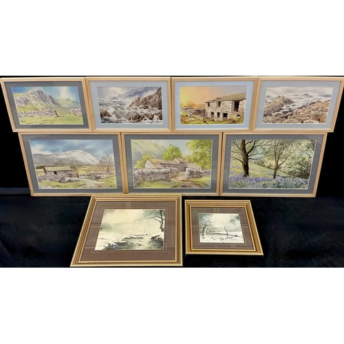 12 - Peter Woolley, a group of nine paintings, including a set of three, Bluebell Wood, A Welsh Farm, Bar... 