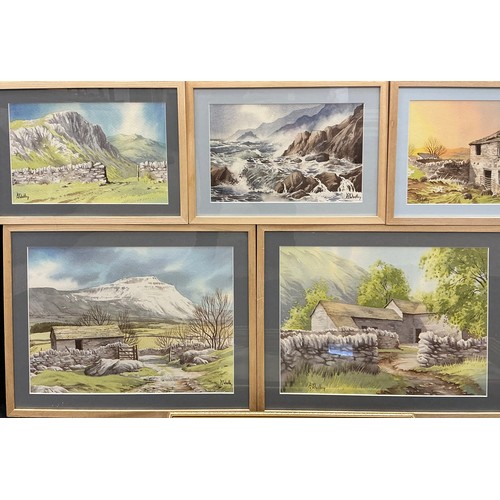 12 - Peter Woolley, a group of nine paintings, including a set of three, Bluebell Wood, A Welsh Farm, Bar... 