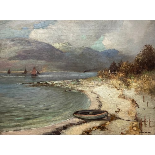 18 - Francis Wilson 
A Sandy Cove on a Scottish Loch 
signed, oil on canvas, 45cm x 60.5cm