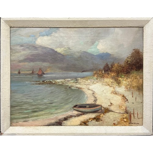 18 - Francis Wilson 
A Sandy Cove on a Scottish Loch 
signed, oil on canvas, 45cm x 60.5cm