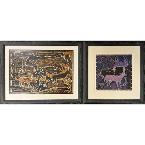 20 - S. Sobe (African, 20th century) Bird, Warthog, and other animals, signed in pencil lower right, limi... 