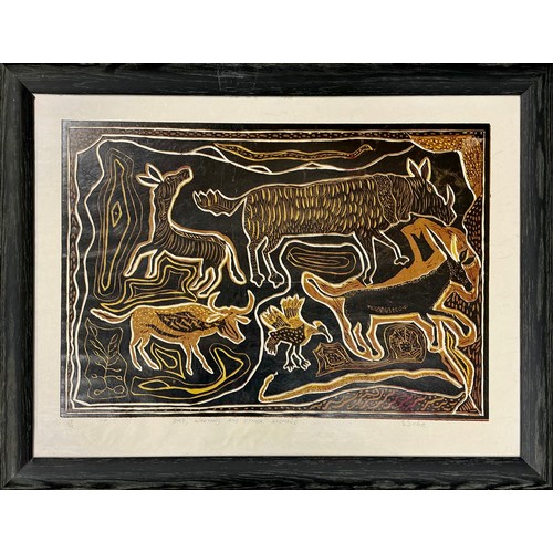 20 - S. Sobe (African, 20th century) Bird, Warthog, and other animals, signed in pencil lower right, limi... 