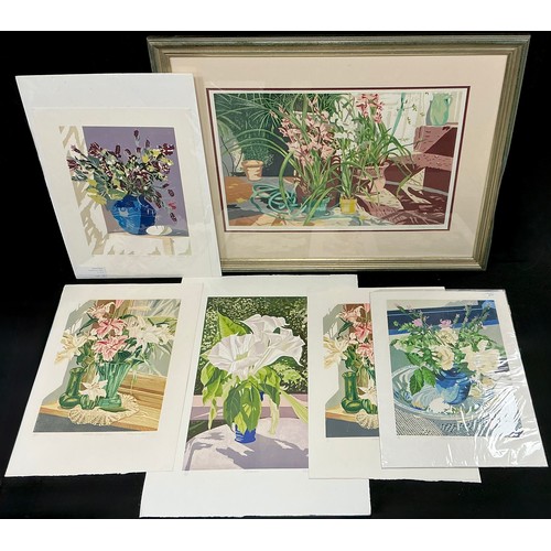 25 - Rosalind Forster (British, bn. 1948) A group of seven linocut prints - Cymbidiums, signed, artist’s ... 