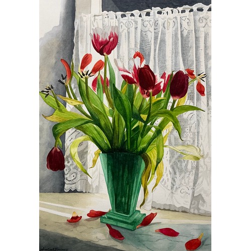 29 - Rosalind Forster (British, bn. 1948) 
Tulips in a Green Glass Vase 
signed, watercolour, 49cm x 34cm