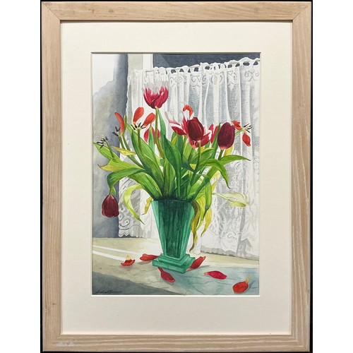 29 - Rosalind Forster (British, bn. 1948) 
Tulips in a Green Glass Vase 
signed, watercolour, 49cm x 34cm