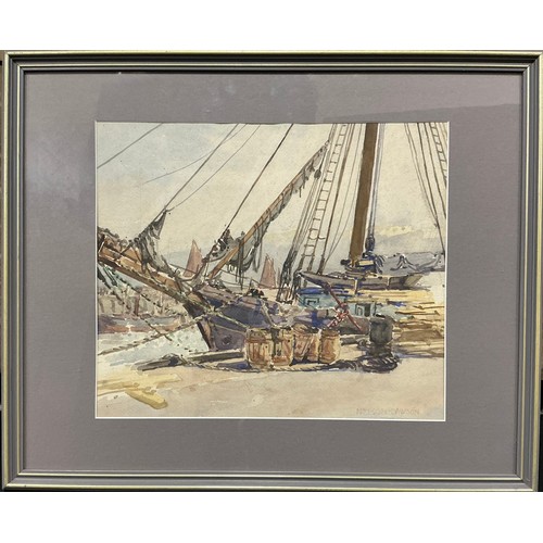 45 - Nelson Dawson (British, 1859-1941) 
Harbour, with cargo vessel dockside 
signed, watercolour, 31.5cm... 