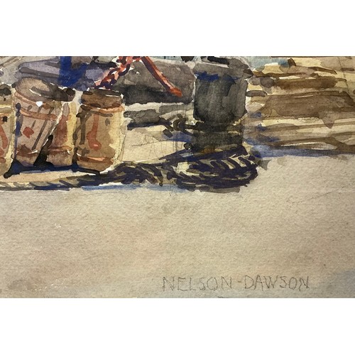 45 - Nelson Dawson (British, 1859-1941) 
Harbour, with cargo vessel dockside 
signed, watercolour, 31.5cm... 