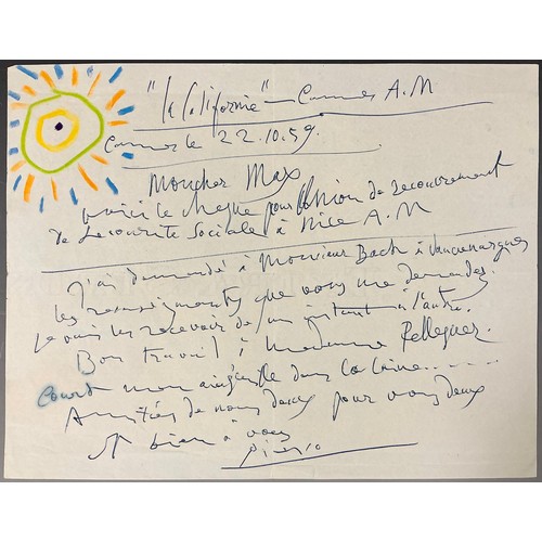 50 - Pablo Picasso (1881-1973) 
A letter, illustrated with a beautifully vibrant sun to the top left corn... 
