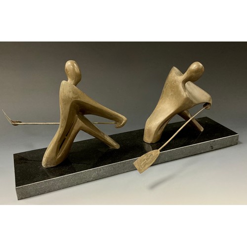 55 - Modern School (20th century), a bronze, Rowers, rectangular marble base, 53cm long