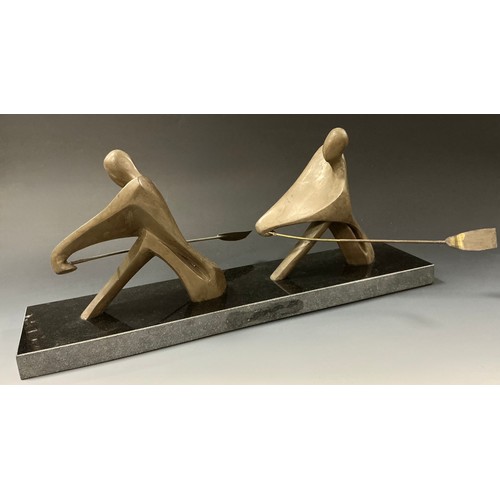 55 - Modern School (20th century), a bronze, Rowers, rectangular marble base, 53cm long