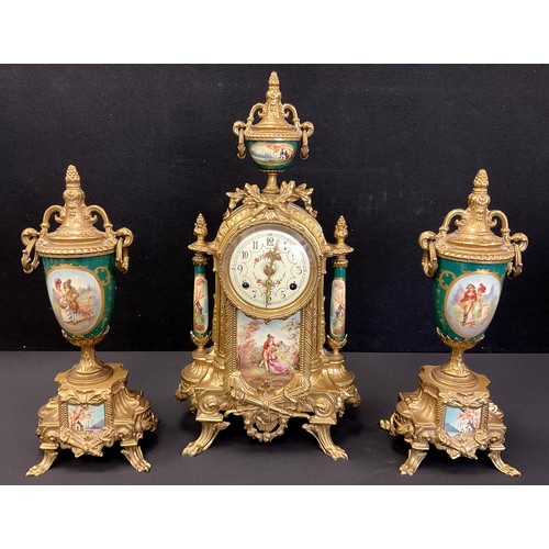 27 - A Franz Hermle three piece clock garniture, cream dial, inset figurative panels, chiming eight day m... 