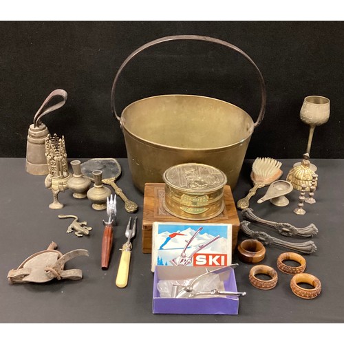 62 - Metalware/treen - a gothic spill holder, preserve pan, conical hand bear, handles, Jerusalem box, na... 