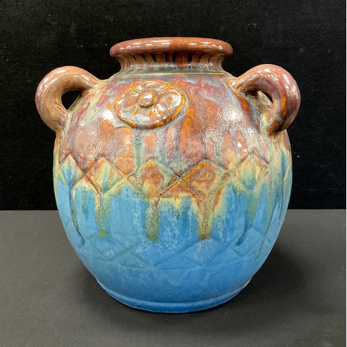 22 - A Bourne Denby 'Orient ware' ovoid vase with three handles, a continuing incised diamond and pyramid... 