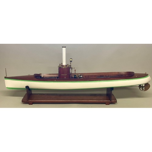 6017 - A substantial live steam boat, fitted with Martin Baylis steam engine, white and green hull, wooden ... 