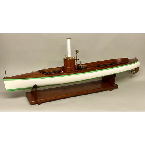 6017 - A substantial live steam boat, fitted with Martin Baylis steam engine, white and green hull, wooden ... 