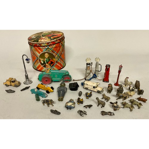 6051 - Various Britains lead animals and figures; petrol pumps; Meccano roller; Lesney, etc