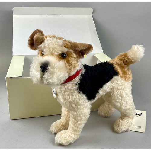 6037 - Steiff (Germany) EAN 031717 ‘Foxy’ Foxterrier, trademark 'Steiff' button to ear with red and yellow ... 