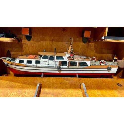 6045 - A hand made model radio controlled boat, in a carry/display case, Futaba, the wooden outer hinged ca... 