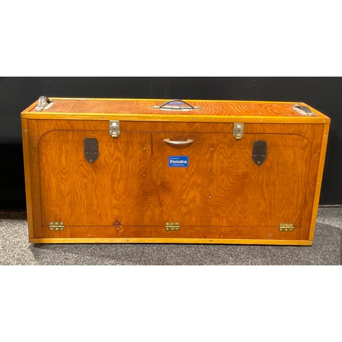 6045 - A hand made model radio controlled boat, in a carry/display case, Futaba, the wooden outer hinged ca... 