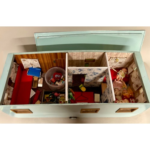 6046 - A scratch built child's model caravan, fitted with accessories and dolls, 34cm high, 80cm wide