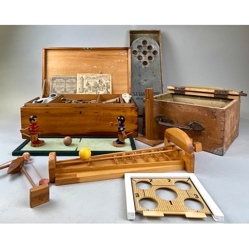 6044 - Toys & Juvenalia - a 19th century French set of boules, the stained pine box naively painted with na... 
