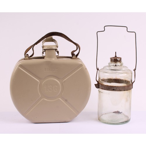 8047 - Petroliana - a vintage Bradley 1.3 gallon fuel can, leather carry handle; a glass paraffin dispensin... 