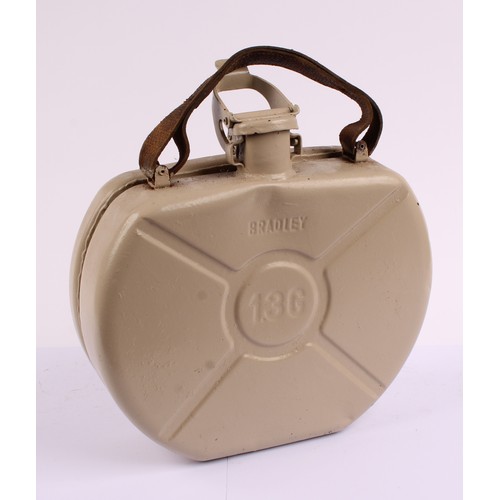 8047 - Petroliana - a vintage Bradley 1.3 gallon fuel can, leather carry handle; a glass paraffin dispensin... 