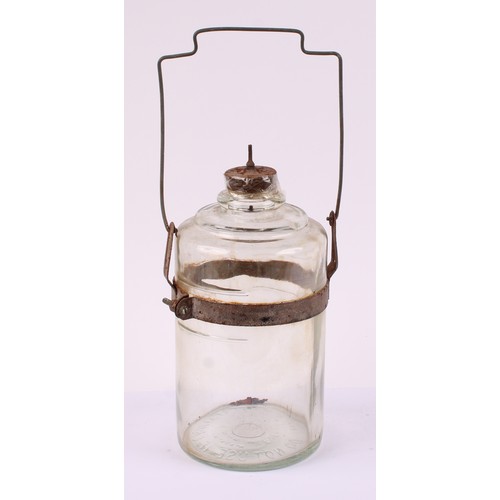 8047 - Petroliana - a vintage Bradley 1.3 gallon fuel can, leather carry handle; a glass paraffin dispensin... 