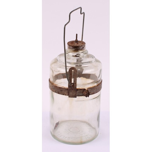 8047 - Petroliana - a vintage Bradley 1.3 gallon fuel can, leather carry handle; a glass paraffin dispensin... 