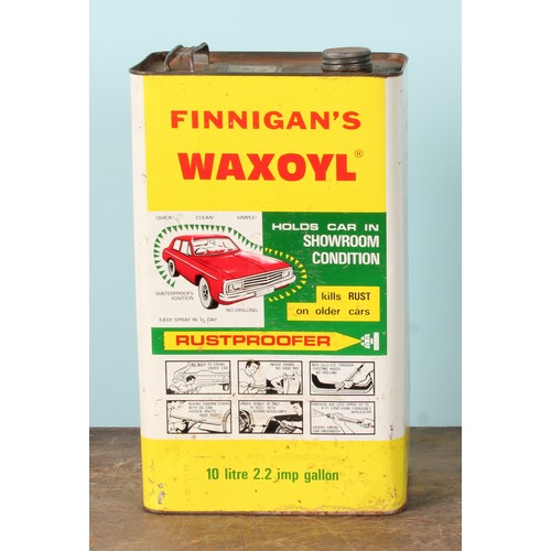 8003 - A 1970's ten litre can, FINNIGAN'S WAXOYL, illustrated with a car and instructions, 38cm high; a pet... 