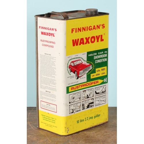 8003 - A 1970's ten litre can, FINNIGAN'S WAXOYL, illustrated with a car and instructions, 38cm high; a pet... 